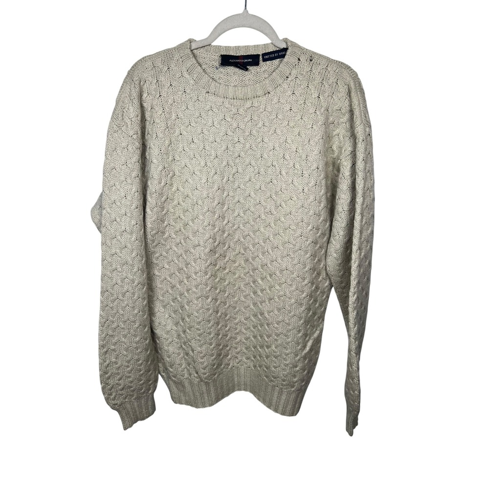 Alexander Julian Hand Knitted 100% Wool Sweater Beige Fisherman Cable Knit XL